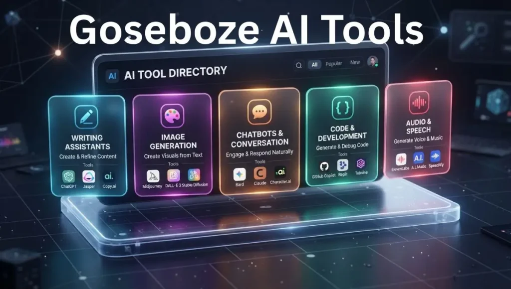 Goseboze AI Tools: What It Is and How It Works (2026) 4 Screenshot-style illustration of the Goseboze AI tools directory showing categorized AI product listings