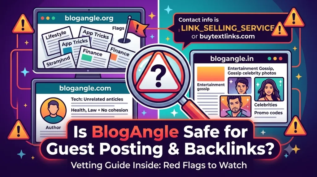 Is BlogAngle Safe for Guest Posting and Backlinks? 5 Side by side comparison of BlogAngle domains showing mixed unrelated content, a guest post site vetting warning