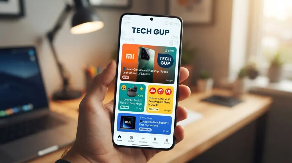 Tech Gup: What This Bengali Tech News Site Covers (2026) 2 Illustration of Tech Gup Bengali smartphone and telecom news headlines on a phone screen
