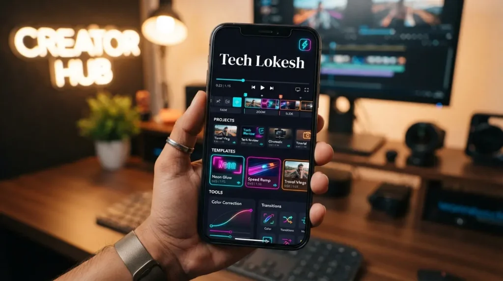 Tech Lokesh: What It Is and Is It Safe to Use? (2026) 3 Illustration of Tech Lokesh CapCut and VN template tutorials shown across a mobile phone screen